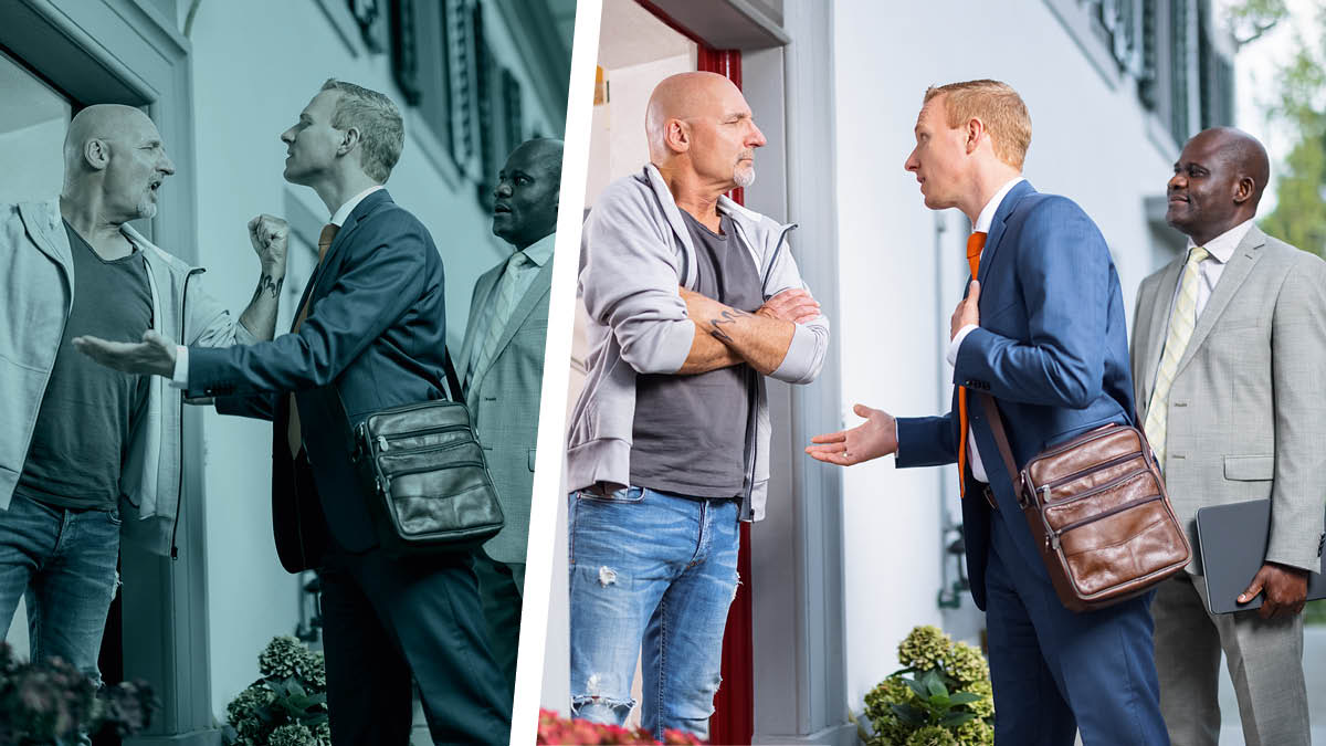 Koláž: Rozdílné výjevy ze služby. 1. Předchozí obrázek, na kterém bratr reaguje podrážděně na naštvaného člověka. 2. Ten samý bratr mluví s naštvaným člověkem laskavě