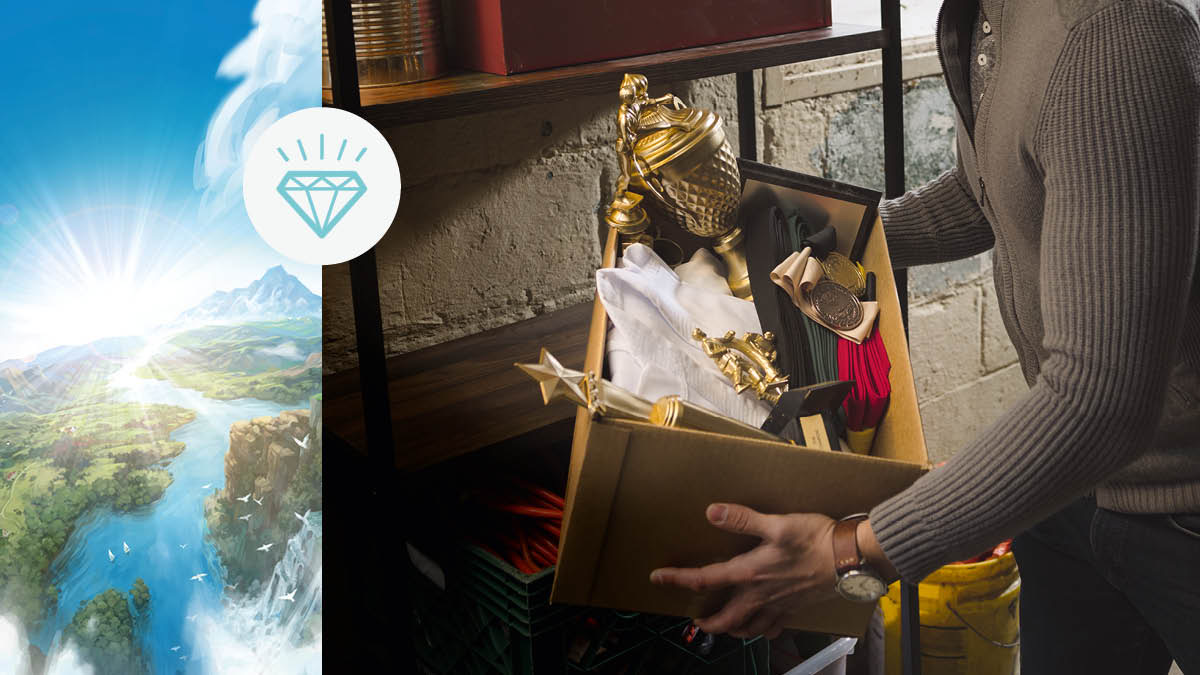 Koláž: Vložený obrázek diamantu. 1. Obrázek ráje, kde jsou hory, zelená údolí a tekoucí řeka. 2. Muž se zbavuje krabice s medailemi a poháry