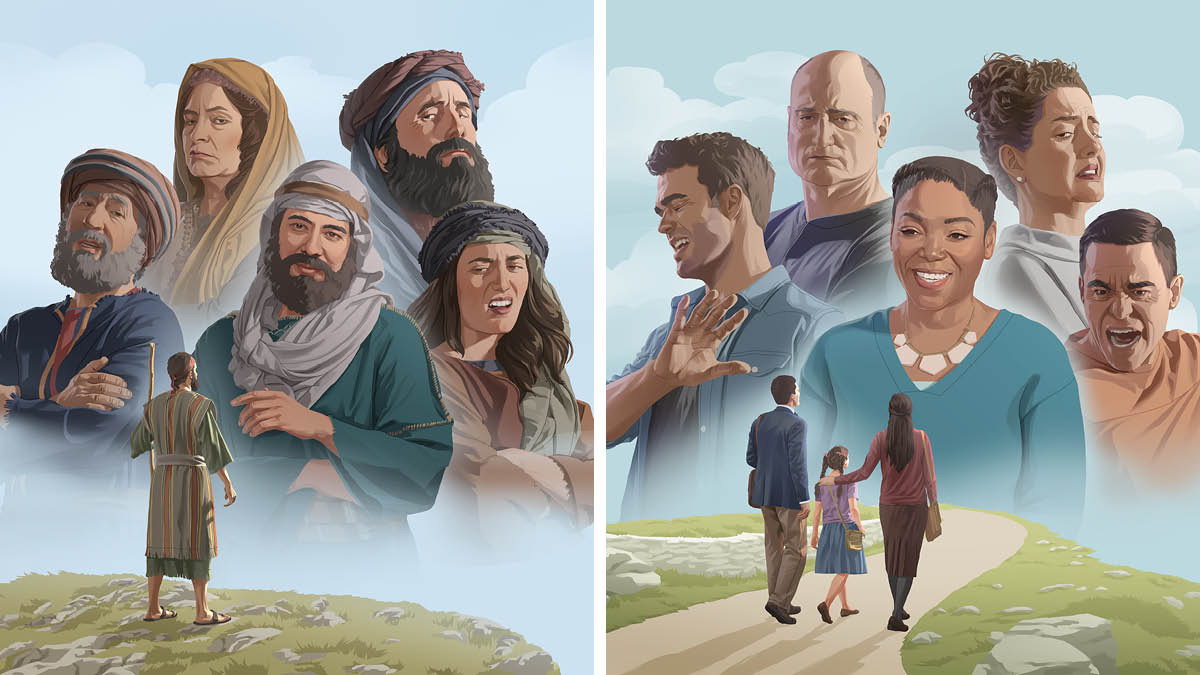 Koláž: 1. Ezekiel přináší lidem poselství od Jehovy. Většina lidí ho odmítá, ale jeden muž se usmívá a naslouchá mu. 2. Rodiče jsou s dcerou ve službě. Většina lidí je odmítá, ale jedna žena se usmívá a naslouchá jim
