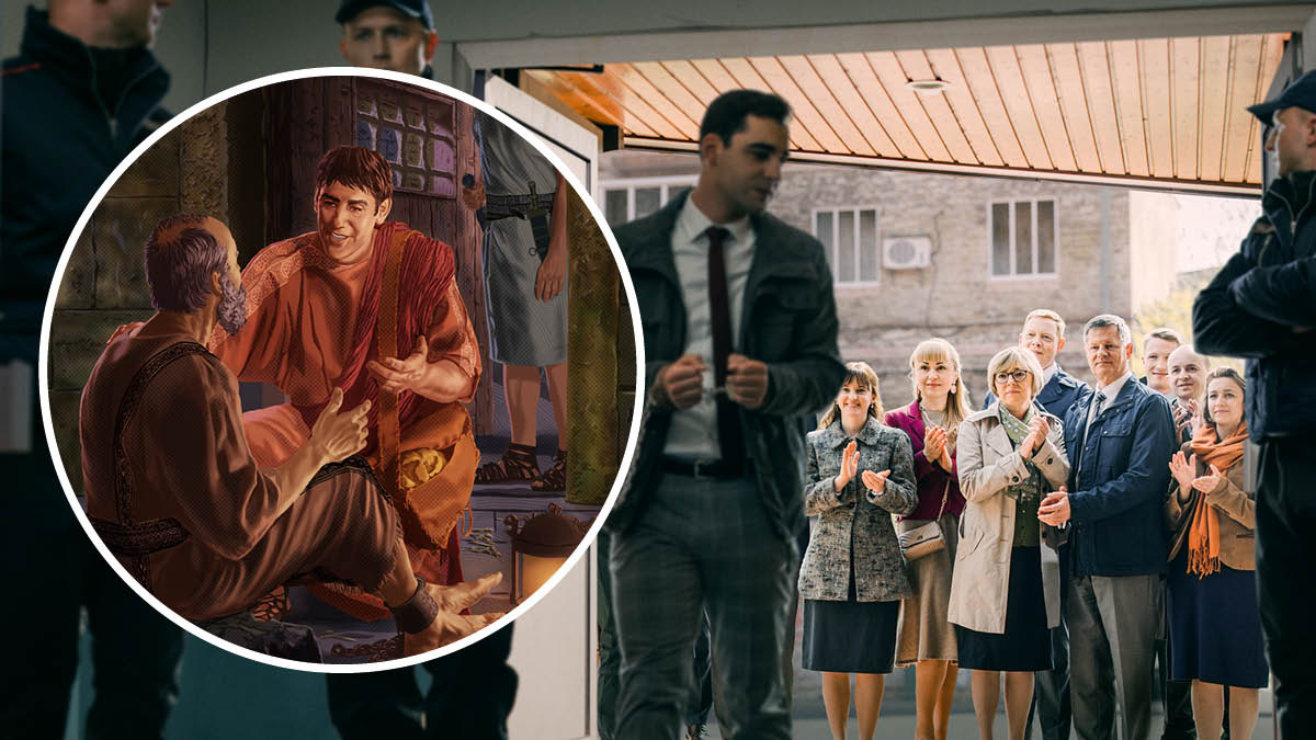 Koláž: 1. Onesiforos navštěvuje apoštola Pavla ve vězení. 2. Bratři a sestry tleskají, když vidí bratra, jak je v poutech odváděný do vězení