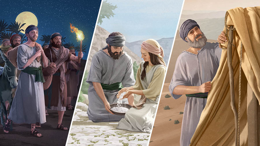 Koláž: 1. Mladý muž odchází spolu s dalšími Izraelity z Egypta. 2. Ten samý muž o pár let později sbírá se svou manželkou v pustině manu. Má na sobě stejné oblečení, jako když odcházel z Egypta. 3. Ten samý muž je už o hodně starší. Kontroluje stan a pořád má na sobě to samé oblečení