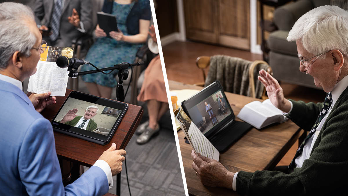 Koláž: 1. Bratr vede v sále Království program. Má u sebe tablet, kde vidí nemocného bratra, který je připojený přes videokonferenci. 2. Starý bratr, který je připojený z domova, se hlásí a chce podat komentář. Má v nose hadičky s kyslíkem