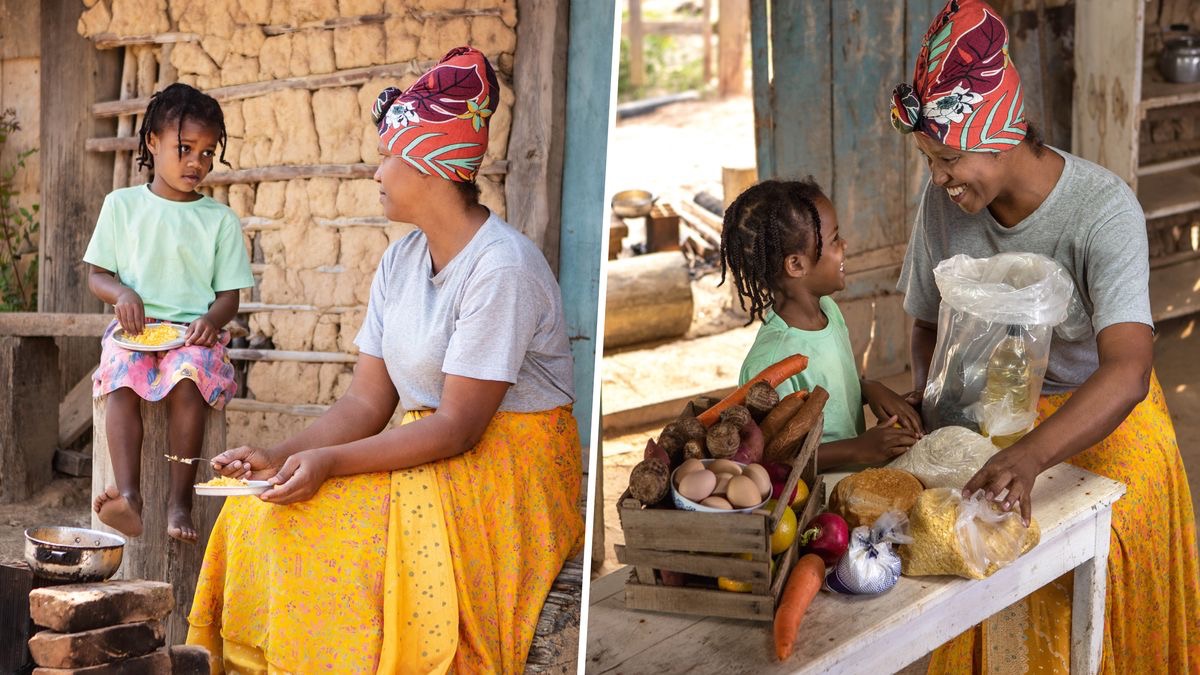 Koláž: Matka s dcerou jsou hodně chudé. 1. Sedí před svojí chatrčí a jedí jednoduché jídlo. 2. Mají radost z balíčku humanitární pomoci