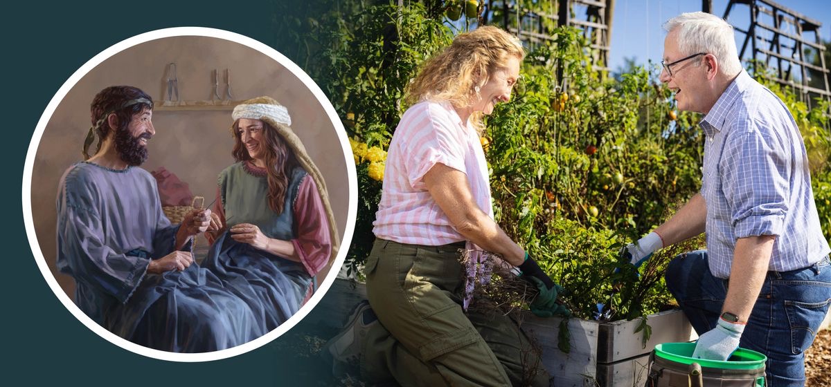 Manželé spolu pracují na zahradě a mají z toho radost. Na vloženém obrázku jsou Aquila a Priscilla, kteří spolu vyrábí stany a mají z toho radost