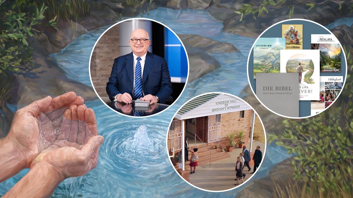 Samson si nabral do dlaní vodu z pramene. Vložené obrázky: 1. Hlavní pořad na JW Broadcasting®. 2. Bible a další publikace, které jsou na ní založené. 3. Bratři a sestry přichází do sálu Království