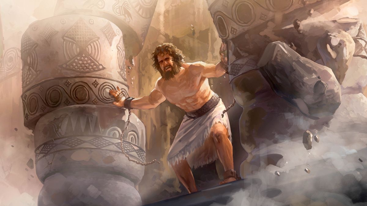 Samson se ze všech sil opírá do dvou sloupů a boří tím celý dům