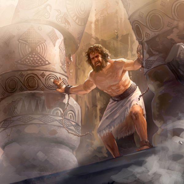 Samson se ze všech sil opírá do dvou sloupů a boří tím celý dům