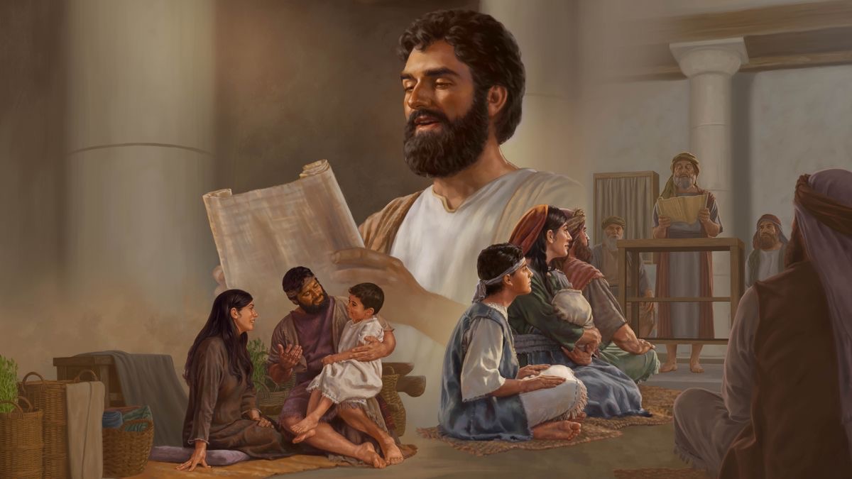 Koláž: 1. Malý Ježíš poslouchá, co mu říkají jeho rodiče. 2. Trochu starší Ježíš s rodiči pozorně poslouchá, jak se v synagoze čte Písmo. 3. Dospělý Ježíš čte ze svitku