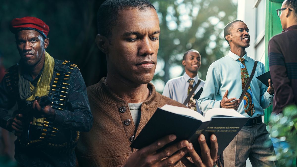 Koláž: Bratr, který ztvárňuje Jeana. 1. Drží pušku a má na sobě pás s náboji. 2. Čte si Bibli. 3. Mluví s jiným mužem ve službě dům od domu