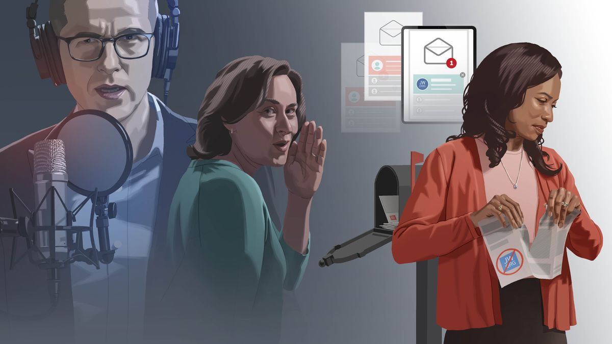 Koláž: Způsoby, jak se k nám můžou dostat lži o naší organizaci. 1. Muž nahrává podcast. 2. Žena šeptá. 3. Nevyžádané e-maily. 4. Propagační materiál v poštovní schránce. Sestra ho trhá.