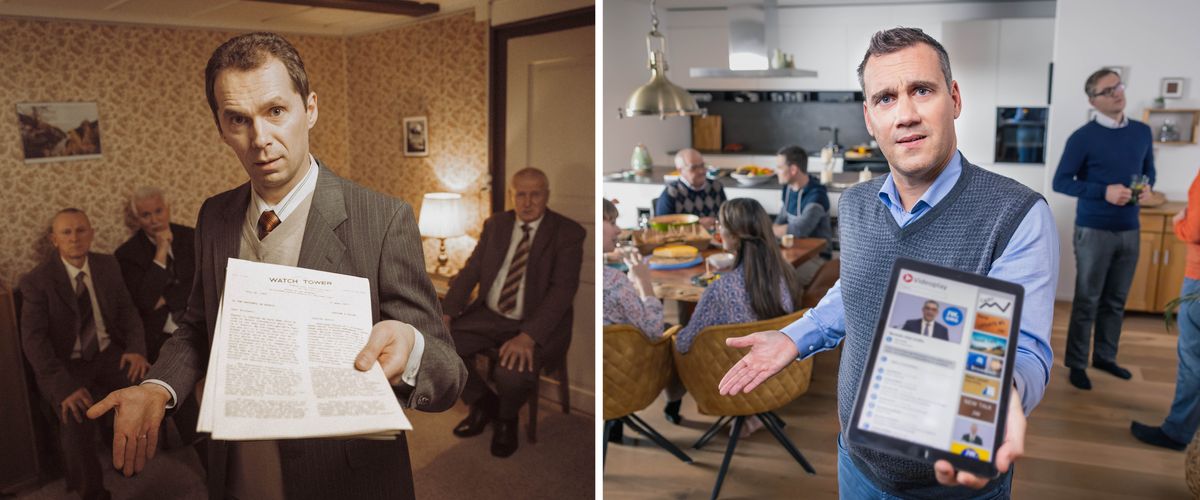 Koláž: 1. Na obrázku je situace, která se odehrála před desítkami let. Bratr ukazuje ostatním bratrům v místnosti dopis s hlavičkou „Strážná věž“. 2. Na obrázku je situace ze současnosti. Bratr ukazuje ostatním bratrům a sestrám na sborové akci video o svědcích Jehovových.