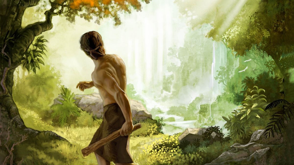 Kain jde zabít Ábela a v ruce drží dřevěnou palici. Otáčí se, protože na něho Jehova promlouvá z nebe.