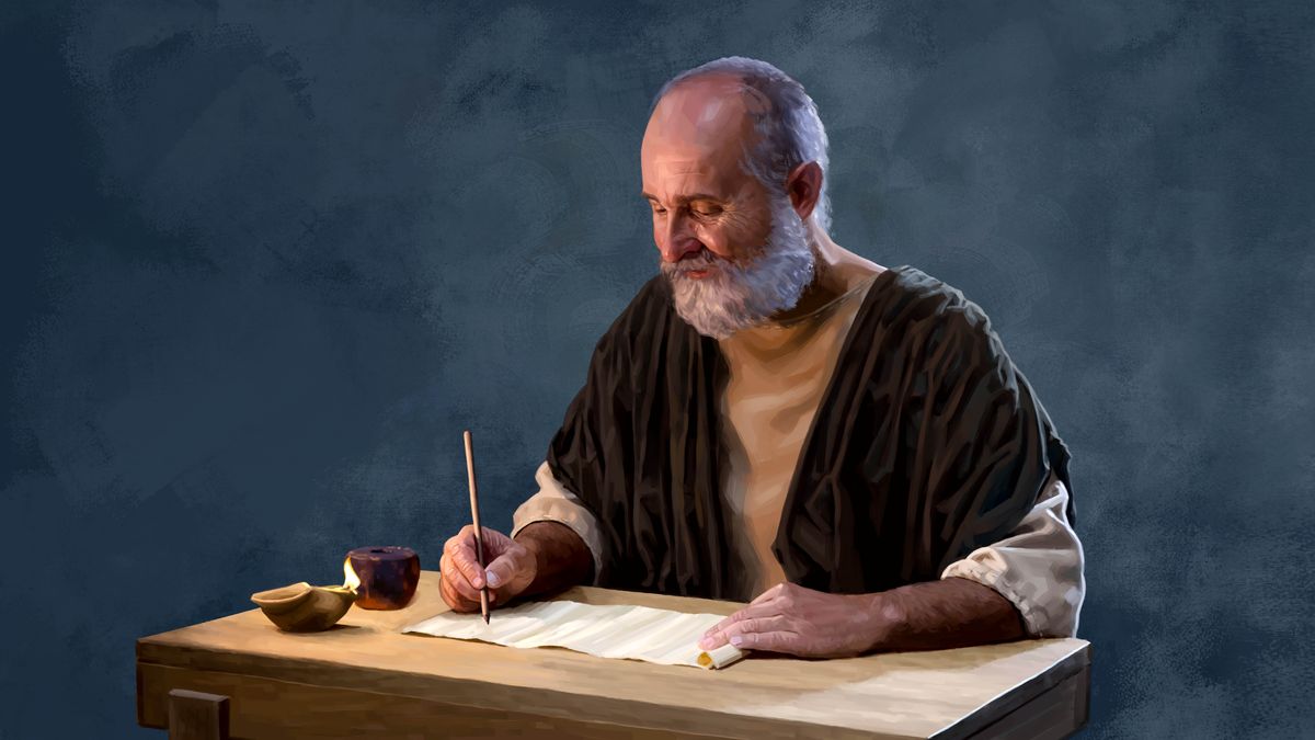 Apoštol Pavel píše do svitku.