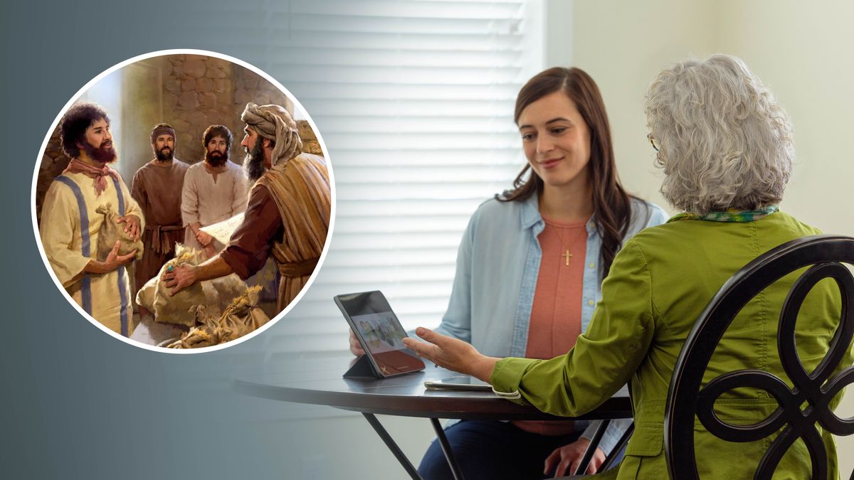 Pomazaná sestra studuje Bibli se ženou. Na vloženém obrázku je situace z Ježíšova podobenství o talentech.
