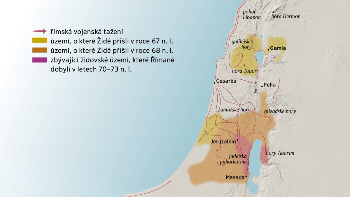 Mapa, na které jsou některé izraelské hory a města v prvním století. Na sever od Jeruzaléma je pohoří Libanon, galilejské hory, samařské hory, gileadské hory a taky hora Hermon a hora Tabor. Severně od Jeruzaléma leží města Gamla, Cesarea a Pella. Na jih od Jeruzaléma je judejská pahorkatina, hory Abarim a taky město Masada. Na mapě jsou vyznačené i trasy, kudy táhla římská vojska, a území, o která Židé přišli v letech 67 až 73 n. l.