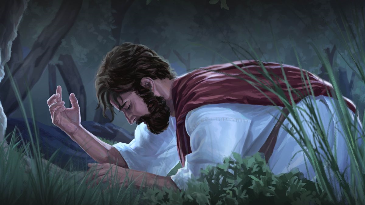 Ježíš se úpěnlivě modlí v zahradě Getsemane.