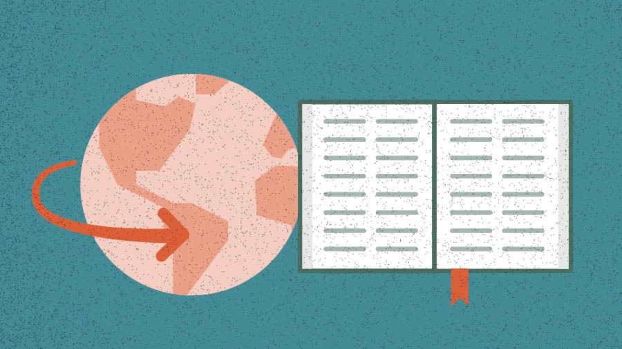 Zeměkoule obkroužená šipkou a vedle ní otevřená Bible.