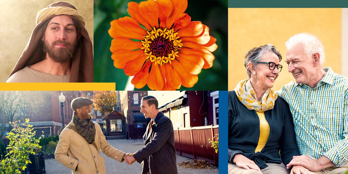 Varias imágenes: 1. El sacerdote Esdras. 2. Una flor. 3. Dos testigos de Jehová de diferentes razas predicando juntos. Se sonríen y se dan la mano. 4. Un matrimonio mayor agarrándose de la mano y sonriendo.