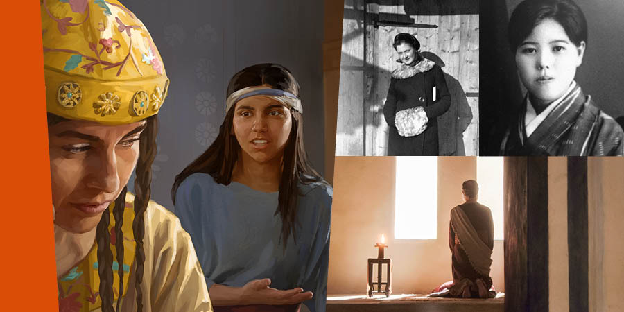 Serie de imágenes: 1. La niña israelita prisionera hablando con la esposa de su amo. 2. Ella Toom cuando era joven. 3. Matsue Ishii cuando era joven. 4. Daniel orando delante de una ventana.