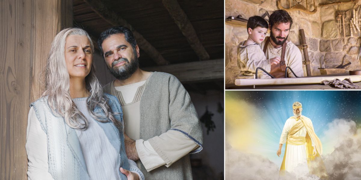 Imágenes de los puntos destacados del programa del domingo: 1. Zacarías y Elisabet. 2. José con Jesús de niño en su taller de carpintería. 3. Jesús mira hacia abajo desde el cielo.