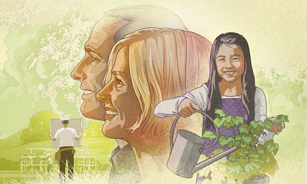Un hombre y una mujer miran al futuro con optimismo; una niña riega las plantas; unos trabajadores construyen una casa