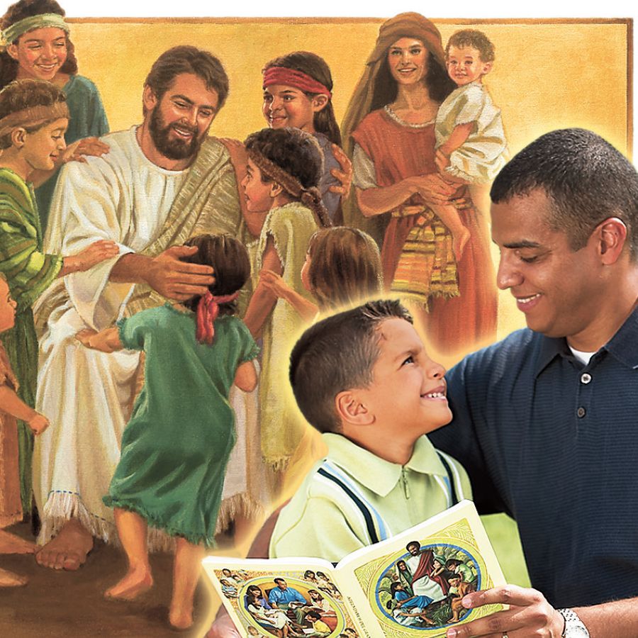 1. Jesús pasa tiempo con los niños; 2. Un padre analiza con su hijo el libro Aprendamos del Gran Maestro