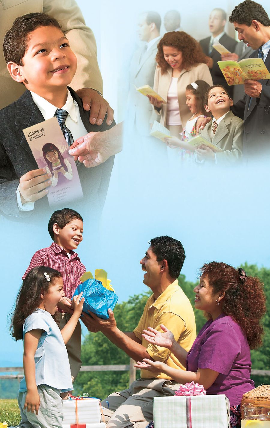 Imágenes de una familia predicando las buenas nuevas, juntos en una reunión cristiana y haciéndose regalos mientras pasan tiempo juntos en un parque