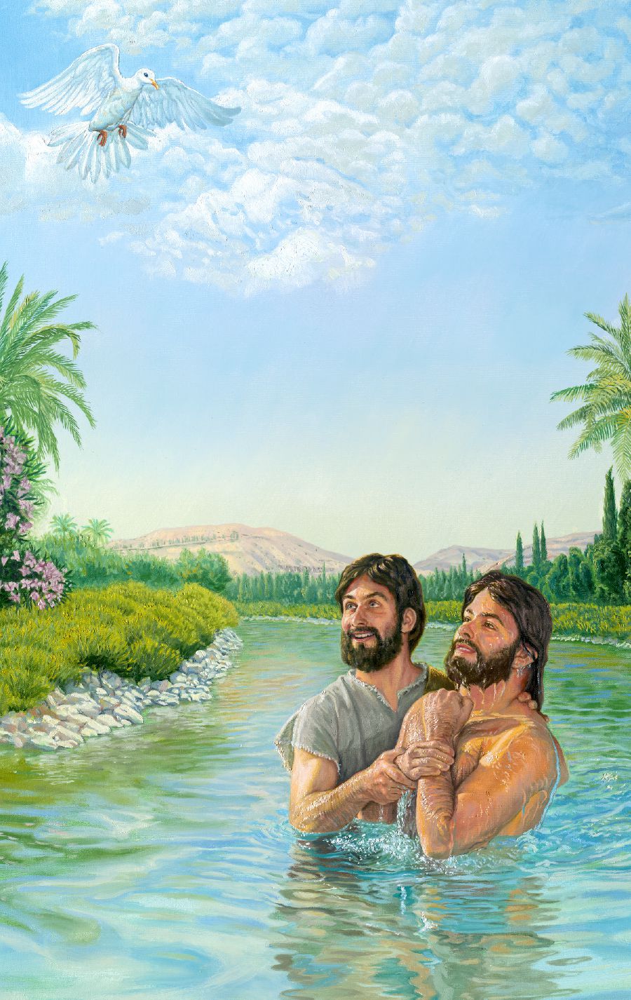 El espíritu santo en forma de paloma descendiendo sobre Jesús para identificarlo como el Mesías el día de su bautismo