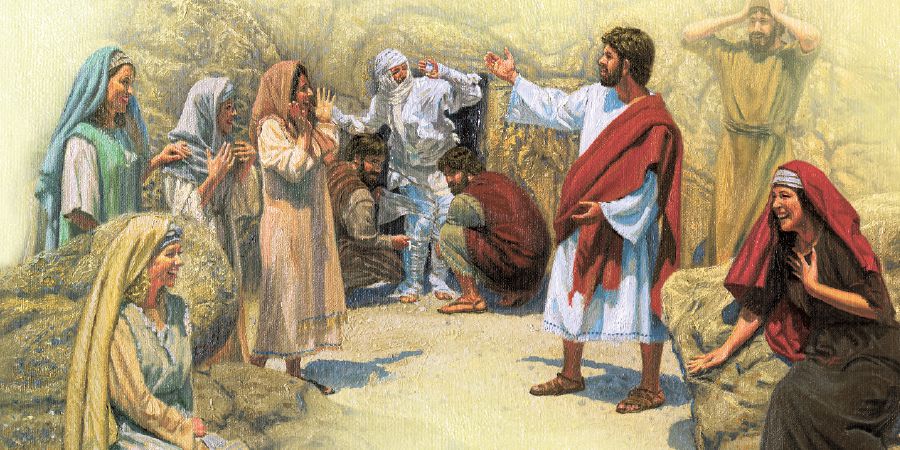 Jesús resucita a Lázaro, y sus familiares y amigos se alegran mucho