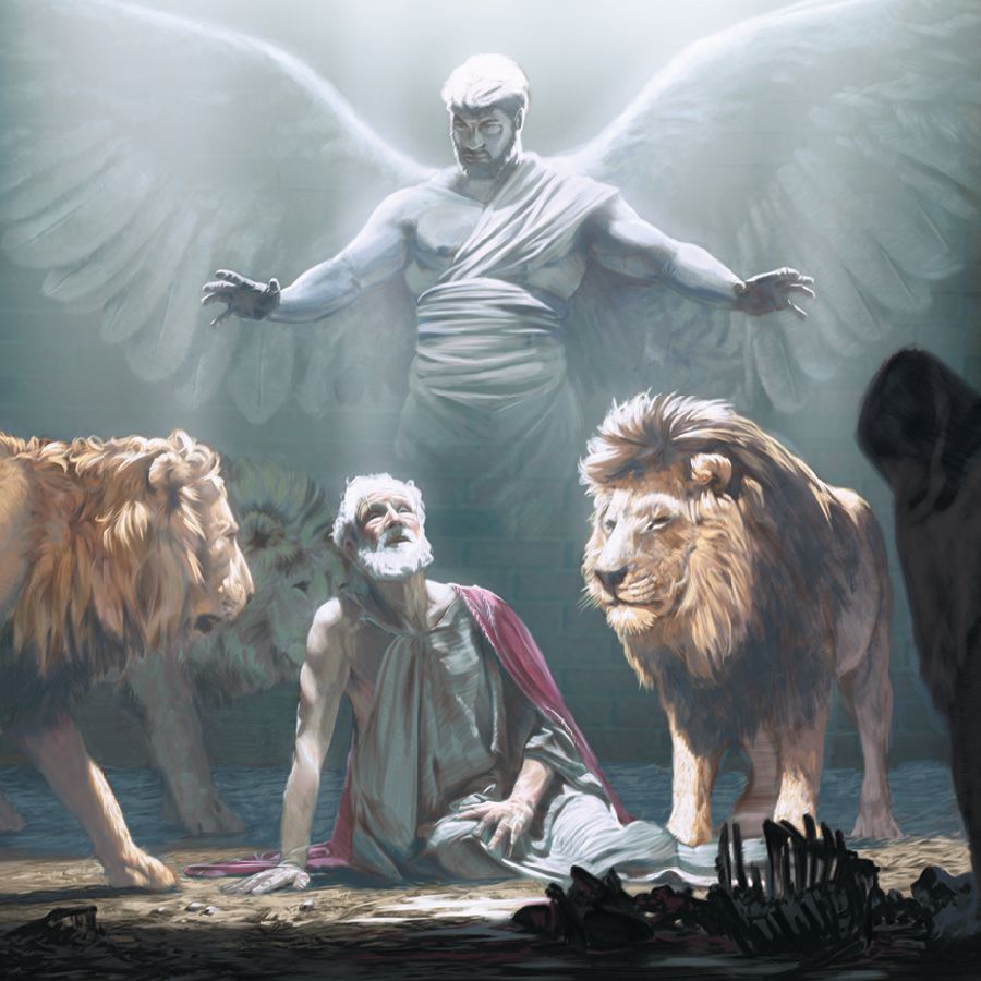 Un ángel protegiendo a Daniel en el foso de los leones