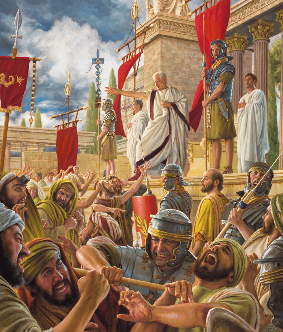 Galión, delante de una multitud de judíos furiosos, diciéndoles que ya no se juzgaría a Pablo. Unos soldados romanos tratan de controlar a esos judíos.