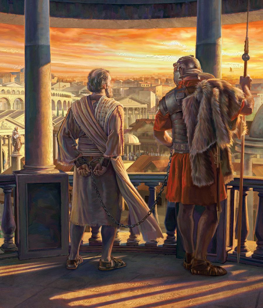 En un balcón, Pablo contemplando Roma mientras está encadenado a un soldado.