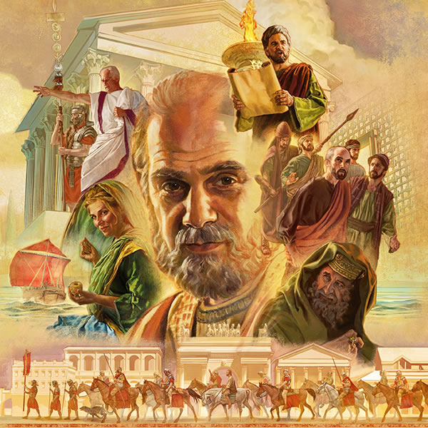Imágenes de personajes y escenarios del libro de Hechos. 1. El apóstol Pablo. 2. Tabita cosiendo ropa. 3. Barco mercante romano. 4. Galión hablando muy enojado. Está de pie junto a un soldado romano. 5. Un edificio impresionante del primer siglo. 6. Lucas leyendo de un rollo enfrente de una antorcha. 7. Un guardia del templo escoltando a varios apóstoles. 8. Un saduceo. 9. Soldados romanos a pie y a caballo atravesando una ciudad mientras escoltan a Pablo.