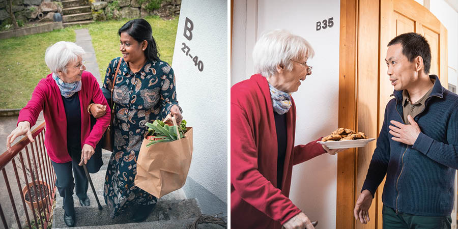 Serie de imágenes: 1. Una mujer de la India ayudando a una anciana de raza blanca a subir la bolsa con las compras por las escaleras. 2. La anciana de raza blanca llevándole unas galletas al hombre asiático.