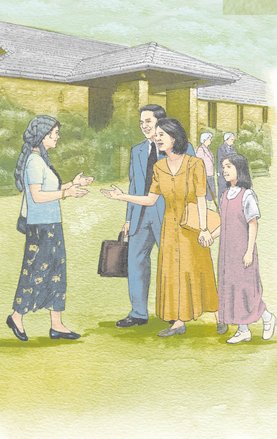 Una mujer saludando a una familia que es amiga de Dios