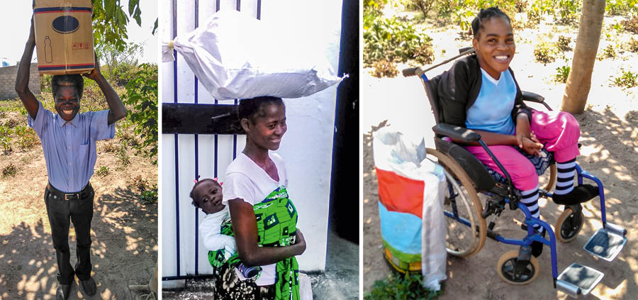 Serie de imágenes: 1. Un hermano lleva una caja de suministros sobre su cabeza. 2. Una hermana lleva un bebé en su espalda y una gran bolsa de suministros sobre su cabeza. 3. Una hermana sentada en su silla de ruedas con una bolsa de suministros a su lado.