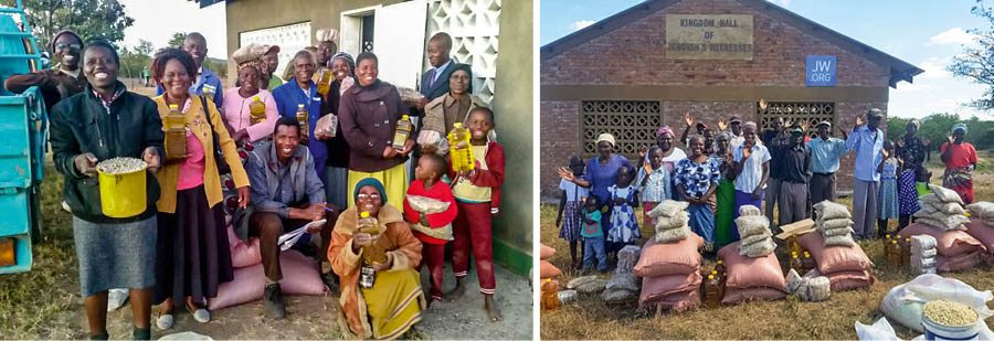 Serie de imágenes: 1. Hermanos sonríen mientras muestran los alimentos que les dieron. 2. Hermanos delante del Salón del Reino con los alimentos que recibieron frente a ellos.