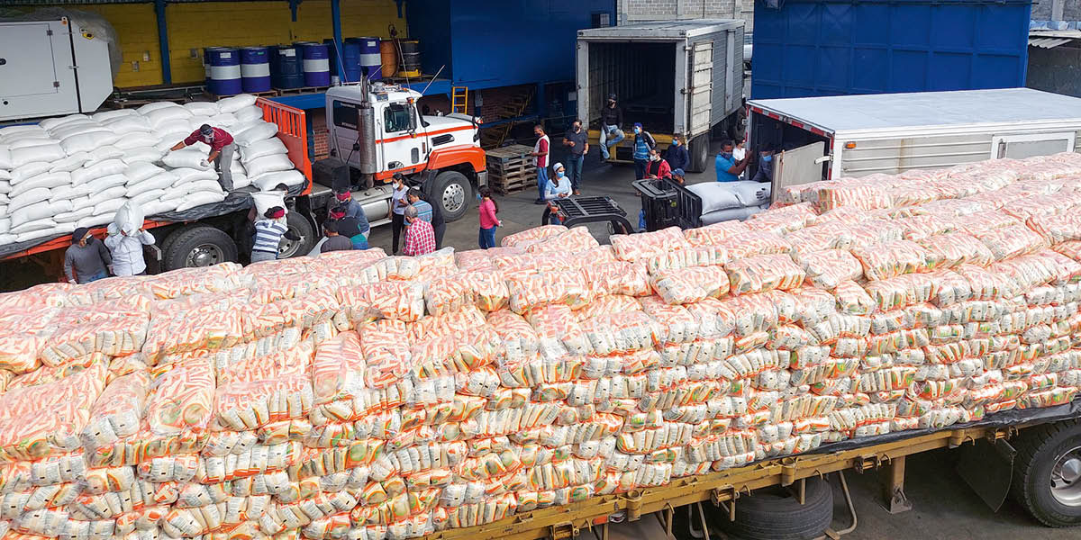 Testigos de Jehová descargan alimentos de un camión.