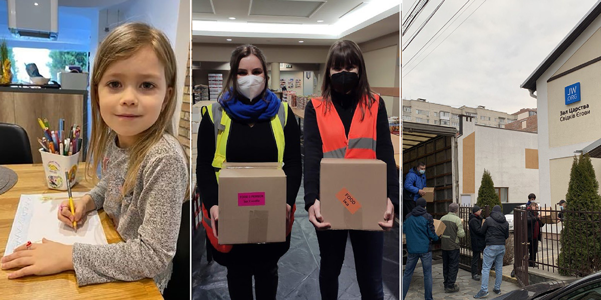 Imágenes de las labores de socorro. 1. Una niña haciendo una tarjetita dibujada a mano. 2. Dos hermanas con cajas de ayuda. 3. Entrega de cajas en un Salón del Reino de Ucrania.