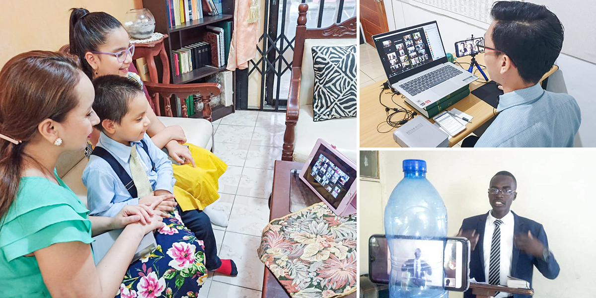 Serie de imágenes: 1. Una familia se reúne con la congregación por videoconferencia. 2. Un hermano es el anfitrión de una reunión por videoconferencia. 3. Un hermano da un discurso por videoconferencia.