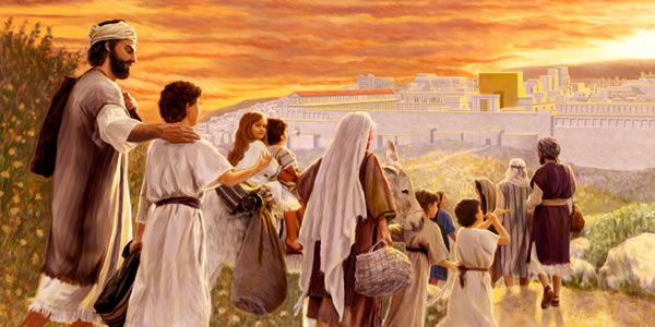 José, María y su familia viajando a Jerusalén para ir al templo a adorar a Dios