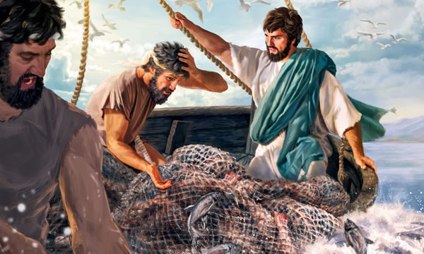 Jesús con Pedro y Andrés en un bote que se hunde debido al peso de los peces