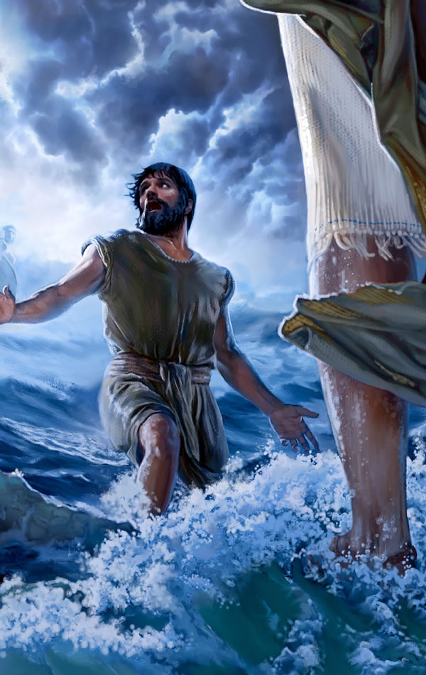 Pedro camina sobre el agua hacia Jesús, pero duda, se llena de miedo y empieza a hundirse