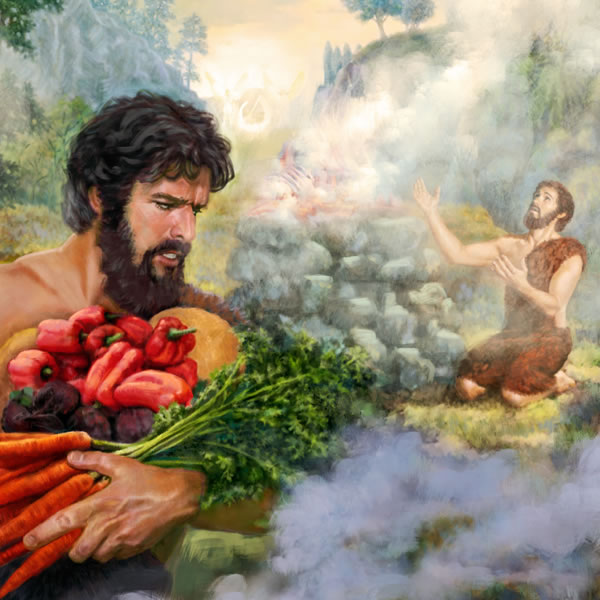 Abel ofreciendo lo mejor de su rebaño a Jehová; Caín ofreciendo productos de su cosecha