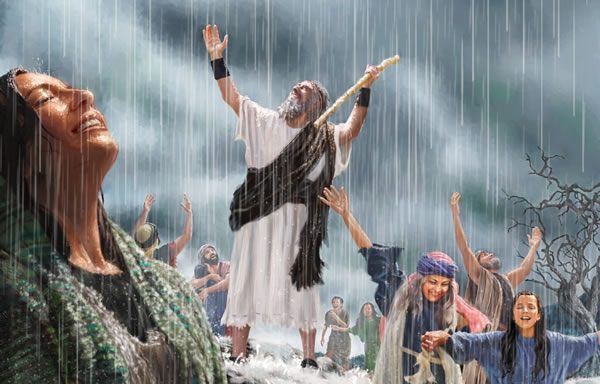 El profeta Elías y otros israelitas se alegran de que esté lloviendo