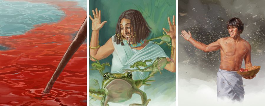Tres de las diez plagas de Egipto: el río Nilo convertido en sangre, las ranas y los mosquitos