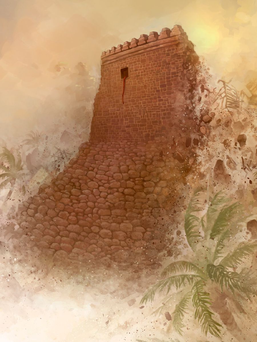 La casa de Rahab, con una cuerda roja atada a la ventana, permanece en pie mientras las murallas de Jericó se derrumban