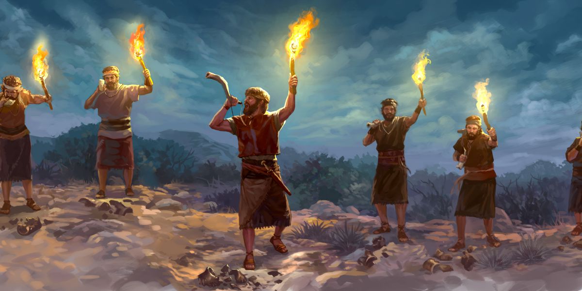 Gedeón y sus hombres tocan los cuernos, rompen los jarrones, mueven las antorchas y gritan