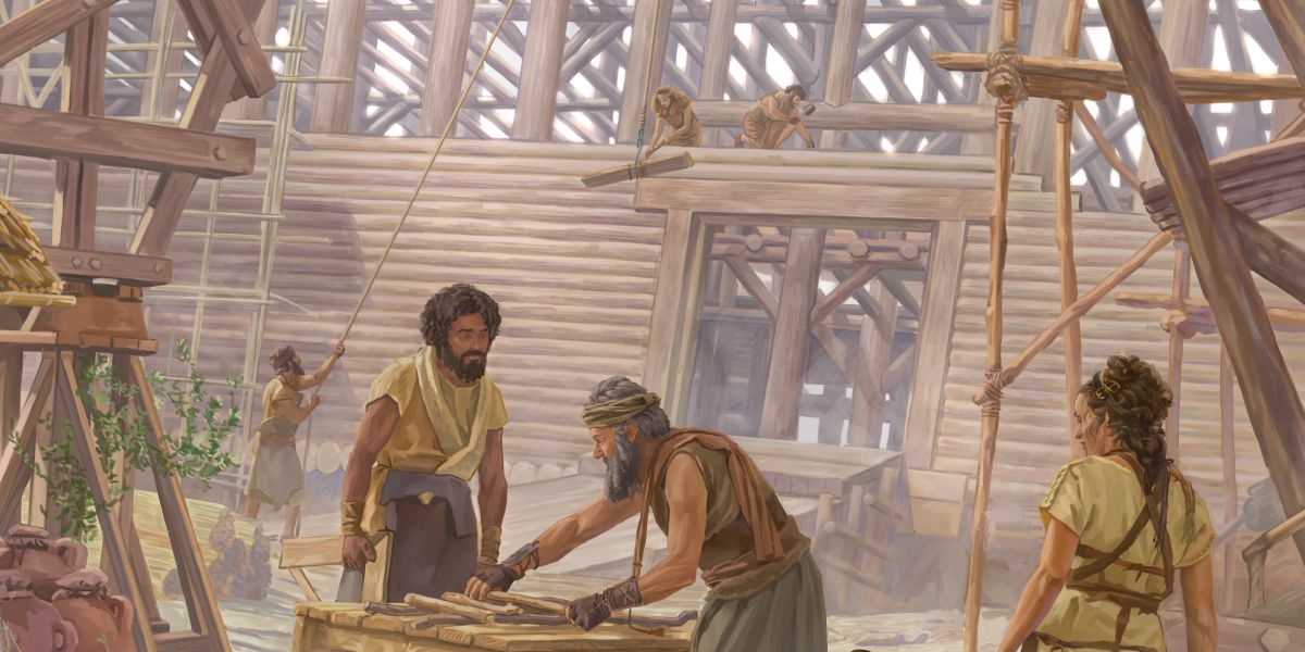 Noé y su familia construyendo el arca