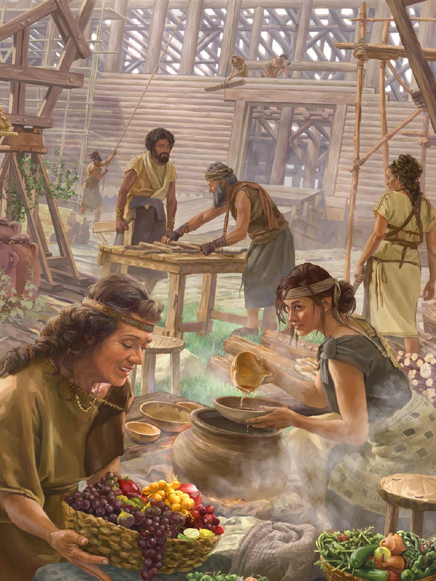 Noé y su familia construyendo el arca y preparando el alimento